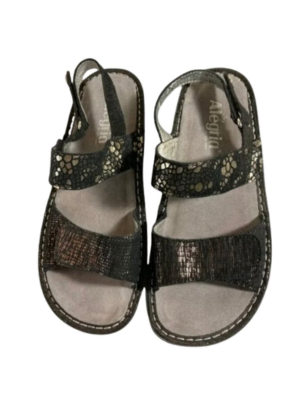 Alegria Leather Adjustable Straps Comfort Sandals Metallic Black & Gold, EU 37
